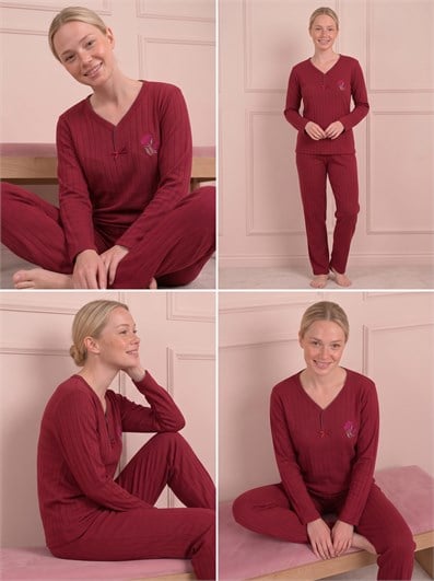 Kadın Çiçek İşlemeli Biye Yakalı Uzun Kol Altı Uzun Viskon Elegance Pijama Takımı