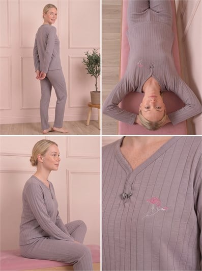Kadın Çiçek İşlemeli Biye Yakalı Uzun Kol Altı Uzun Viskon Elegance Pijama Takımı