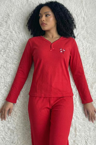 Kadın Çiçek İşlemeli Fitilli Armut Yaka Uzun Kol Altı Uzun Pamuklu Pijama Takımı