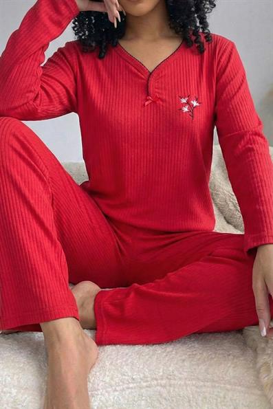 Kadın Çiçek İşlemeli Fitilli Armut Yaka Uzun Kol Altı Uzun Pamuklu Pijama Takımı