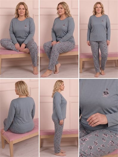 Kadın Çiçek Nakışlı ve Desenli Bisiklet Yaka Uzun Kol Altı Uzun Viskon Pijama Takımı