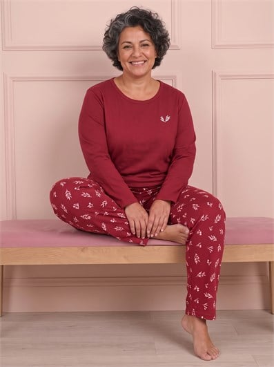 Kadın Çiçek Nakışlı ve Desenli Bisiklet Yaka Uzun Kol Altı Uzun Viskon Pijama Takımı