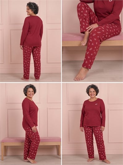Kadın Çiçek Nakışlı ve Desenli Bisiklet Yaka Uzun Kol Altı Uzun Viskon Pijama Takımı