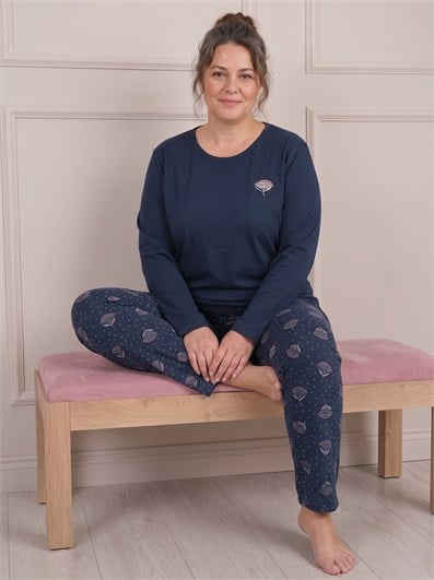 Kadın Çiçek Nakışlı ve Desenli Bisiklet Yaka Uzun Kol Altı Uzun Viskon Pijama Takımı