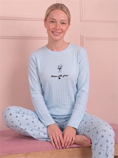 Kadın Çiçek ve Slogan İşlemeli Bisiklet Yaka Uzun Kol Altı Uzun Modal Fitilli Pijama Takımı
