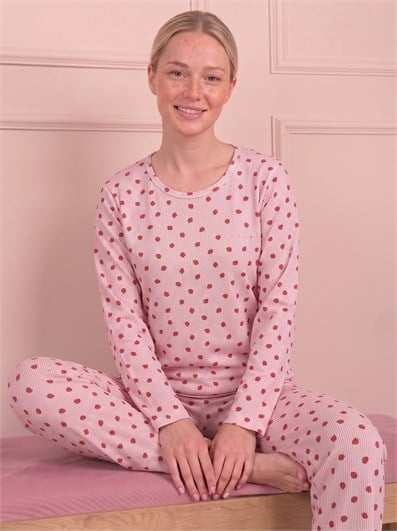 Kadın Çilek Desenli  Bisiklet Yaka Uzun Kol Altı Uzun Penye Pijama Takımı