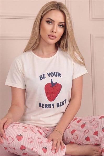 Kadın Çilek Desenli ve Altı Desenli Kısa Kollu Pijama Takımı