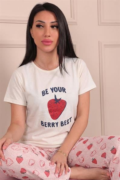 Kadın Çilek Desenli ve Altı Desenli Kısa Kollu Pijama Takımı