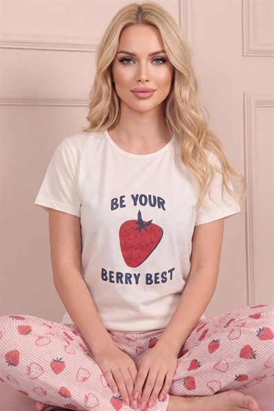 Kadın Çilek Desenli ve Altı Desenli Kısa Kollu Pijama Takımı