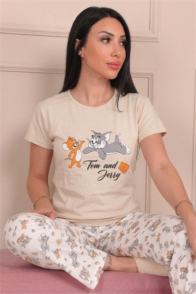 Kadın Çizgi Film Karakter Desenli  Kısa Kollu Pijama Takımı