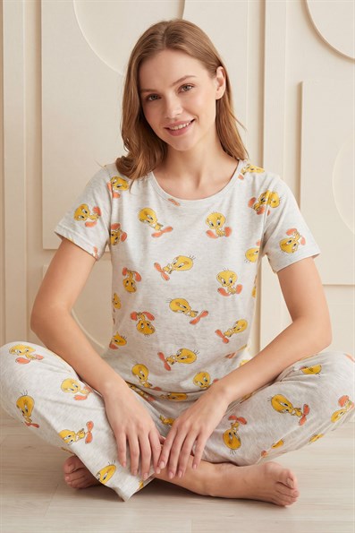 Kadın Çizgi Film Karakteri  Desenli Bisiklet Yaka Kısa Kol Altı Uzun Penye Pijama Takımı