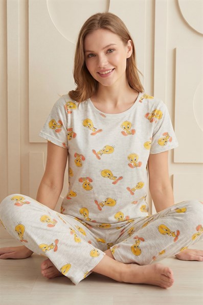 Kadın Çizgi Film Karakteri  Desenli Bisiklet Yaka Kısa Kol Altı Uzun Penye Pijama Takımı