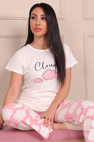 Kadın Cloud Sloganlı ve Bulut Deseni Baskılı  Bisiklet Yaka Kısa Kol Altı Uzun Penye Pijama Takımı