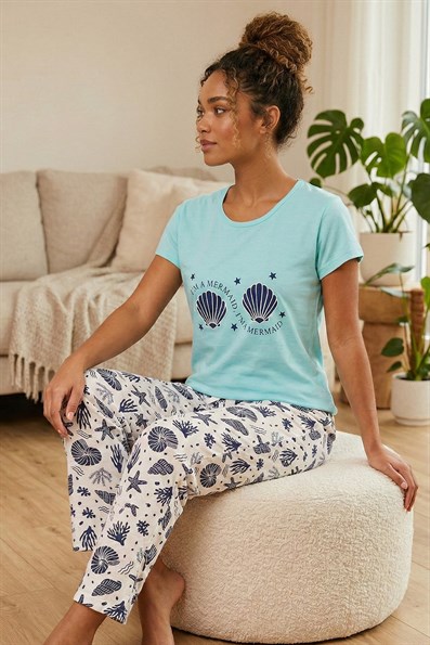 Kadın Deniz Kabuğu Desenli ve Altı Desenli Penye Kısa Kollu Pijama Takımı