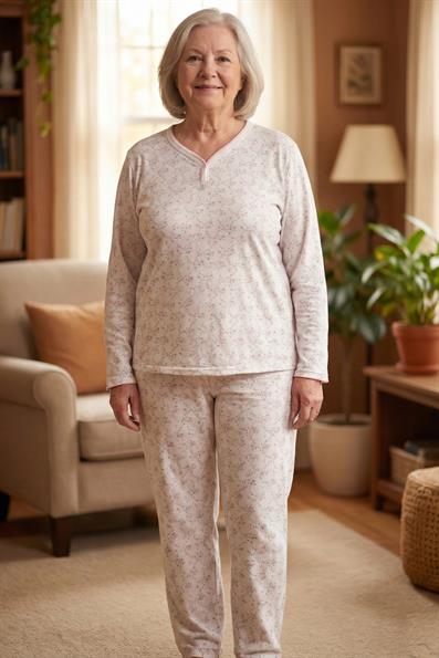 Kadın Desenli Biye Yakalı İnterlok Uzun Kol Altı Uzun Penye Anne  Pijama Takımı