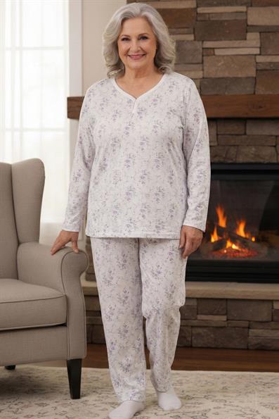 Kadın Desenli Biye Yakalı İnterlok Uzun Kol Altı Uzun Penye Anne  Pijama Takımı