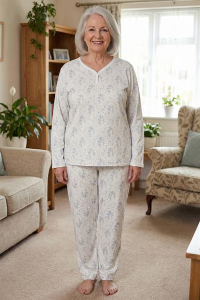 Kadın Desenli Biye Yakalı İnterlok Uzun Kol Altı Uzun Penye Anne  Pijama Takımı