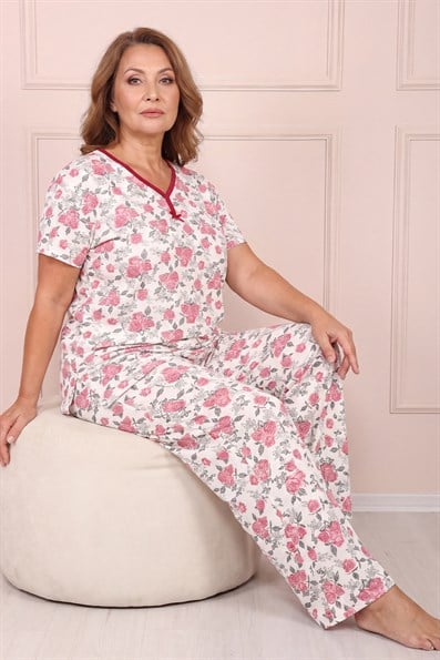 Kadın Desenli Biye Yakalı Kısa Kol Altı Uzun Penye Anne  Pijama Takımı