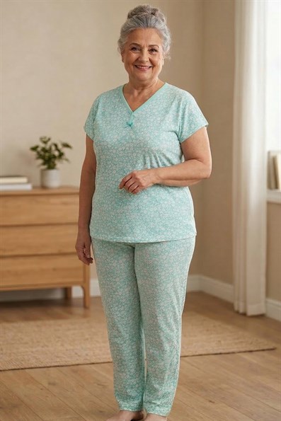 Kadın Desenli Biye Yakalı Kısa Kol Altı Uzun Penye Anne  Pijama Takımı