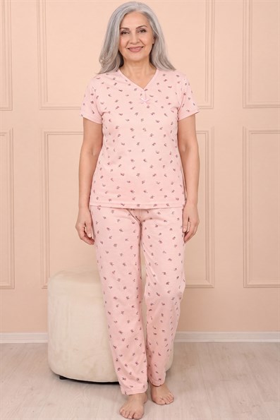 Kadın Desenli Biye Yakalı Kısa Kol Altı Uzun Penye Anne  Pijama Takım