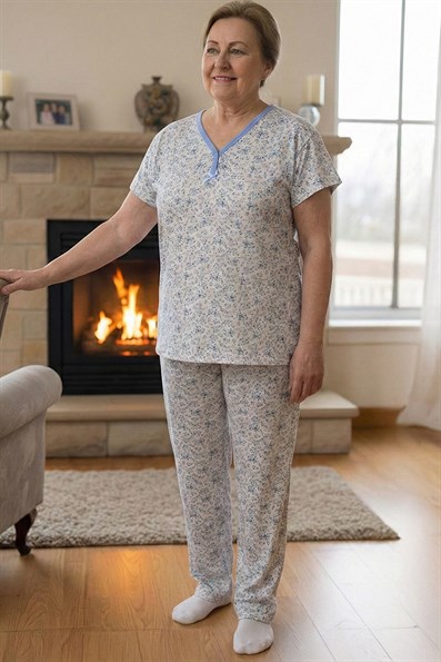 Kadın Desenli Biye Yakalı Kısa Kol Altı Uzun Penye Anne  Pijama Takımı
