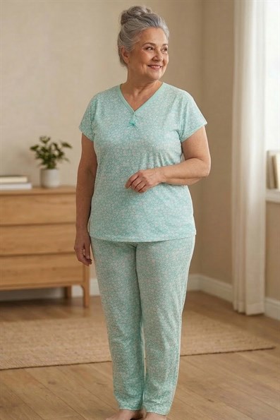 Kadın Desenli Biye Yakalı Kısa Kol Altı Uzun Penye Anne  Pijama Takımı