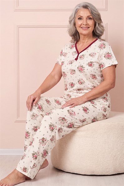 Kadın Desenli Biye Yakalı Kısa Kol Altı Uzun Penye Anne  Pijama Takım