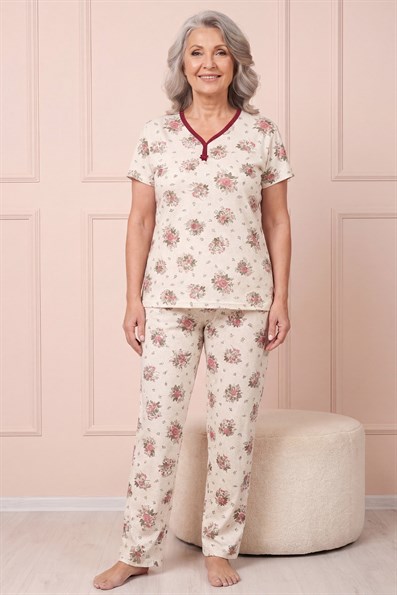 Kadın Desenli Biye Yakalı Kısa Kol Altı Uzun Penye Anne  Pijama Takım