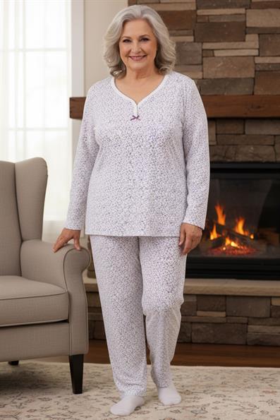 Kadın Desenli Biye Yakalı Uzun Kol Altı Uzun Penye Anne  Pijama Takımı