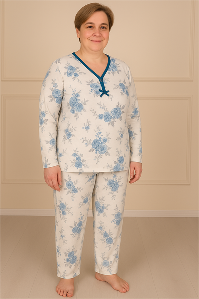 Kadın Desenli Biye Yakalı Uzun Kol Altı Uzun Penye Anne  Pijama Takım