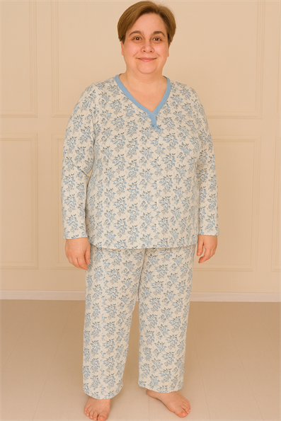 Kadın Desenli Biye Yakalı Uzun Kol Altı Uzun Penye Anne  Pijama Takımı