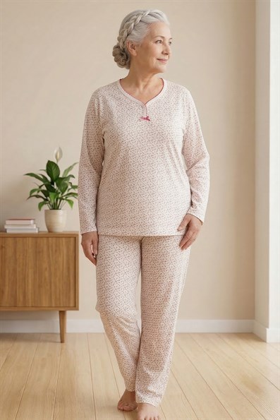 Kadın Desenli Biye Yakalı Uzun Kol Altı Uzun Penye Anne  Pijama Takımı