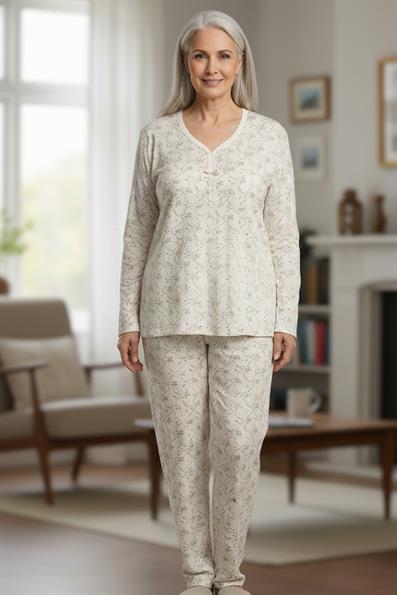 Kadın Desenli Biye Yakalı Uzun Kol Altı Uzun Penye Anne  Pijama Takımı