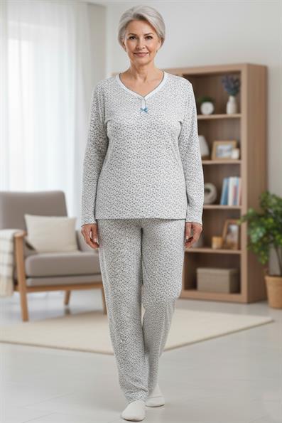 Kadın Desenli Biye Yakalı Uzun Kol Altı Uzun Penye Anne  Pijama Takımı