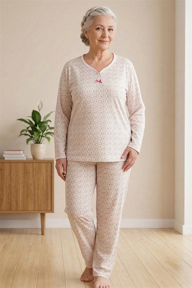 Kadın Desenli Biye Yakalı Uzun Kol Altı Uzun Penye Anne  Pijama Takımı