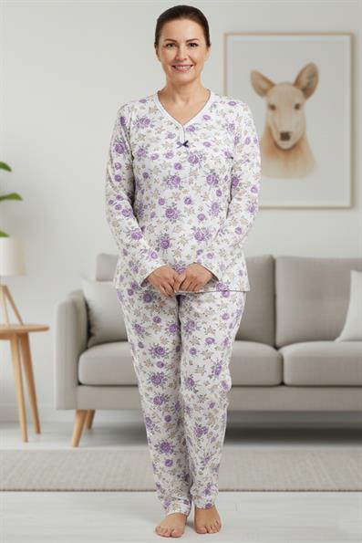 Kadın Desenli Biye Yakalı Uzun Kol Altı Uzun Penye Anne  Pijama Takımı