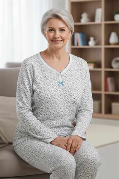 Kadın Desenli Biye Yakalı Uzun Kol Altı Uzun Penye Anne  Pijama Takımı