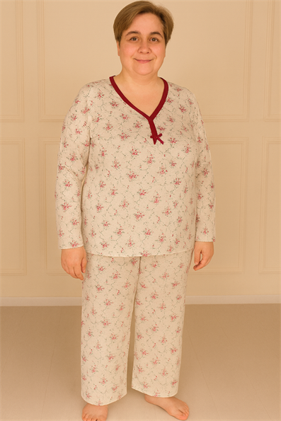 Kadın Desenli Biye Yakalı Uzun Kol Altı Uzun Penye Anne  Pijama Takımı