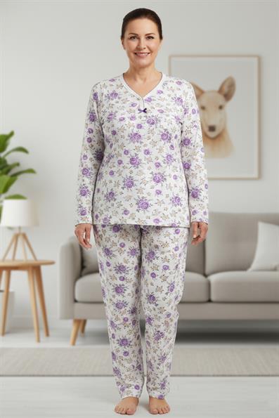 Kadın Desenli Biye Yakalı Uzun Kol Altı Uzun Penye Anne  Pijama Takımı