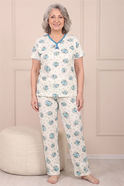 Kadın Desenli Dantel Yakalı Kısa Kol Altı Uzun Penye Anne  Pijama Takım