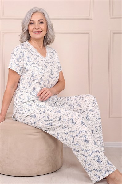 Kadın Desenli Dantel Yakalı Kısa Kol Altı Uzun Penye Anne  Pijama Takımı