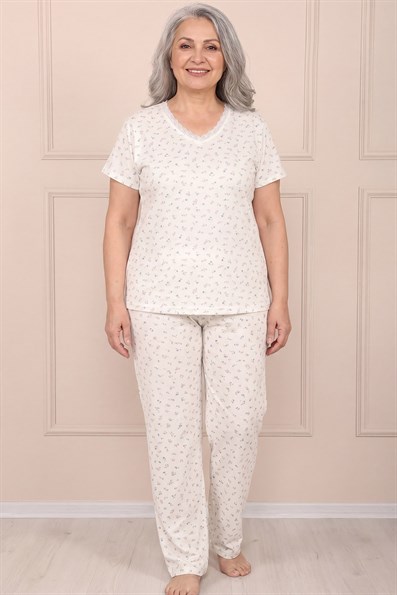 Kadın Desenli Dantel Yakalı Kısa Kol Altı Uzun Penye Anne  Pijama Takım