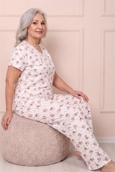 Kadın Desenli Dantel Yakalı Kısa Kol Altı Uzun Penye Anne  Pijama Takımı
