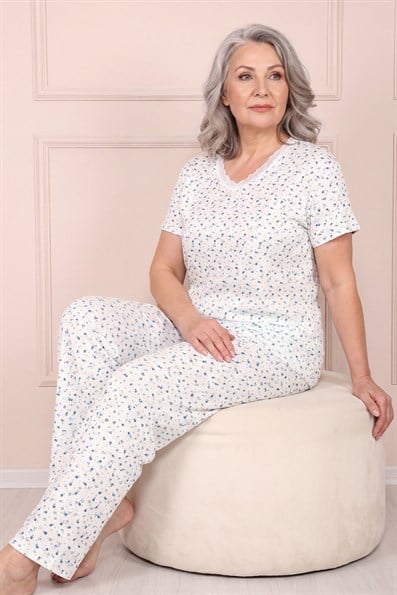 Kadın Desenli Dantel Yakalı Kısa Kol Altı Uzun Penye Anne  Pijama Takım