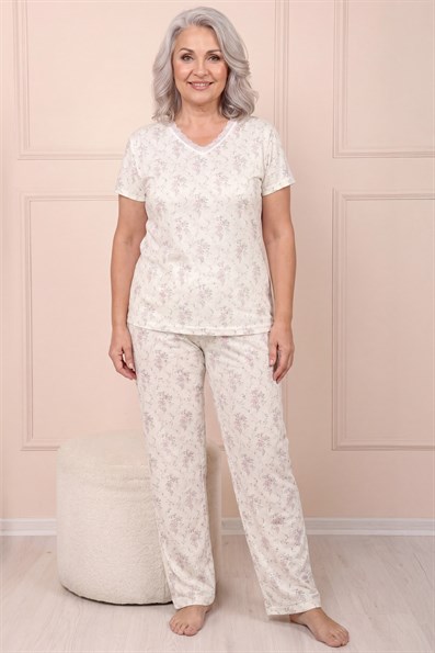 Kadın Desenli Dantel Yakalı Kısa Kol Altı Uzun Penye Anne  Pijama Takım