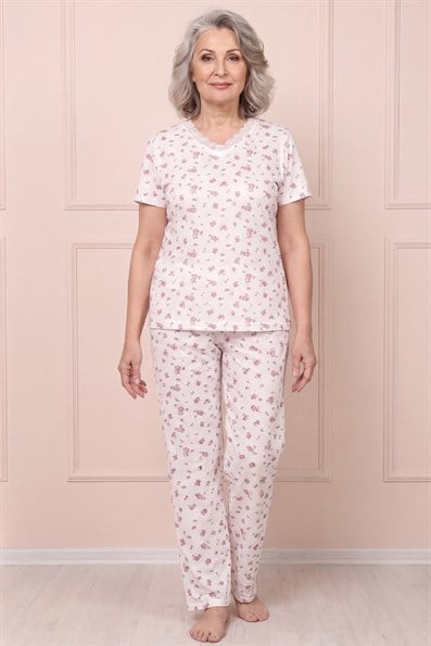 Kadın Desenli Dantel Yakalı Kısa Kol Altı Uzun Penye Anne  Pijama Takım