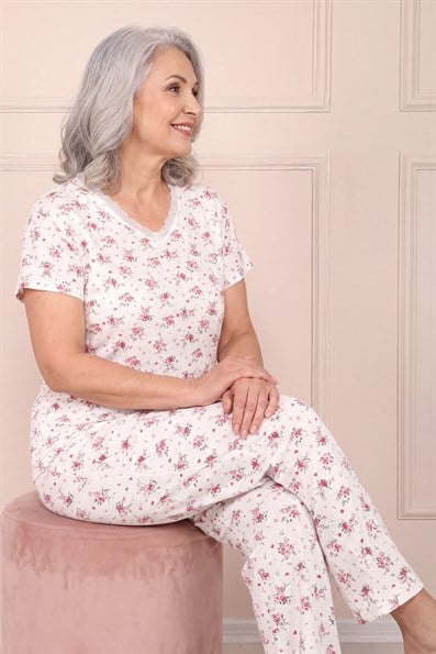 Kadın Desenli Dantel Yakalı Kısa Kol Altı Uzun Penye Anne  Pijama Takımı