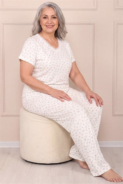Kadın Desenli Dantel Yakalı Kısa Kol Altı Uzun Penye Anne  Pijama Takım