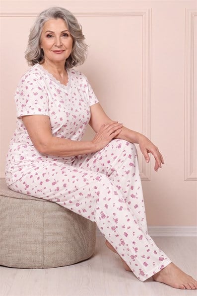 Kadın Desenli Dantel Yakalı Kısa Kol Altı Uzun Penye Anne  Pijama Takım