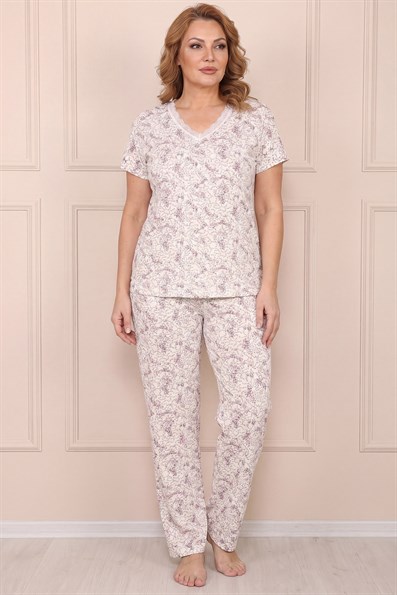 Kadın Desenli Dantel Yakalı Kısa Kol Altı Uzun Penye Anne  Pijama Takım